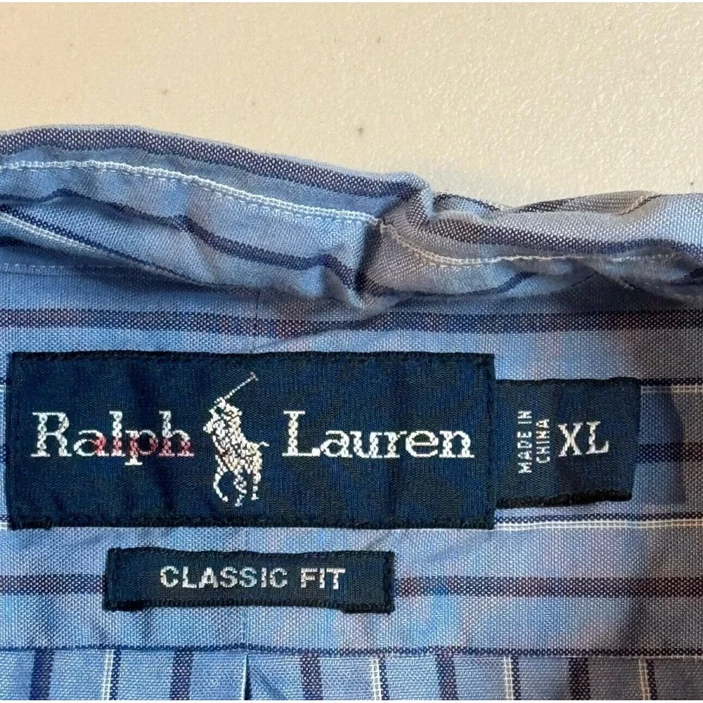 Vintage Polo Ralph Lauren Blue Striped Classic Fit‎ Button Down Shirt Men's XL